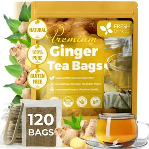 FreshDrinkUS, Premium 120 Ginger Tea Bags, 100% Natural & Pure from Ginger Roots, Ginger Tea, Ginger Herbal Tea. Ginger Tea. No Sugar, No Caffeine, No Gluten, Vegan. ginger caffeine free
