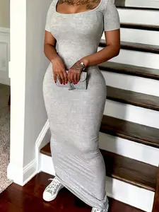 Women's Casual Minimalist Plain Short Sleeve Dress Style, Tight-Fitting Low Neck Square Collar Design, Perfect for Daily Wear & Comfortable Fit, Womenswear