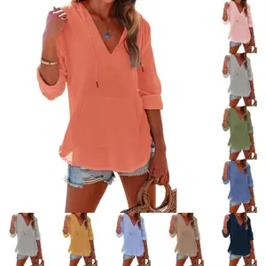 PASLTER Women's Beach Cover Up hoodies sweatshirt Long Sleeve V Neck Pocketed Hooded Shirt Top