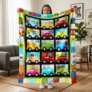 1pc Vintage Patchwork Colorful Car Fleece Blanket with quilted car prints & multi-color borders, retro style. Soft warm blanket for sofa, bed, office, camping, travel. Perfect gift for car lovers.