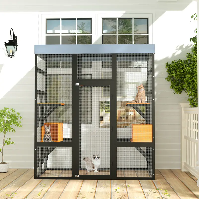 [Bellemave] 62.6" Black Wooden Catio for Cats, Large Cat Enclosure with Waterproof cover, 2 Napping House, Platforms & Galvanized Metal Wire – Secure Pet Cage Shelter Animal Indoor Outdoor Kennel