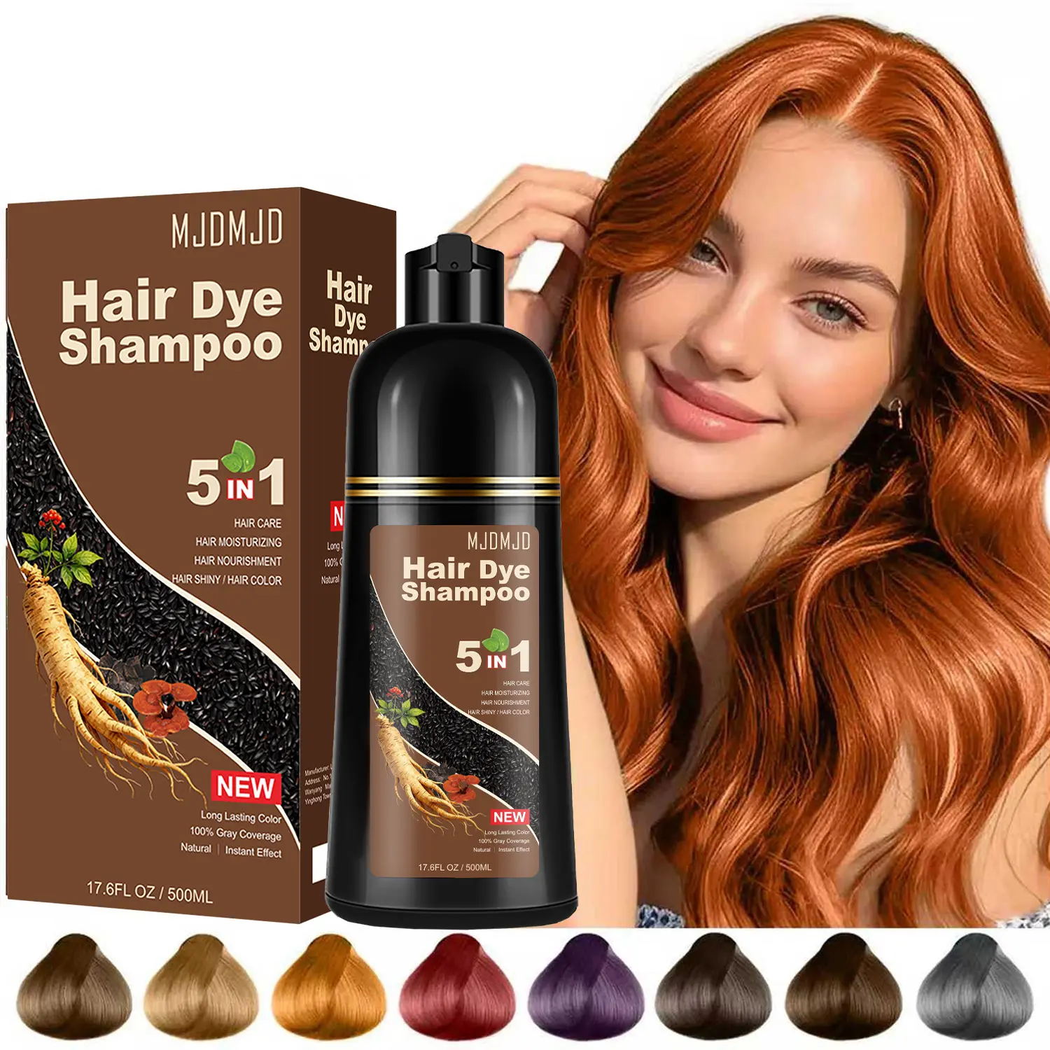 Orange Hair Dye Shampoo 5-in-1, Semi-Permanent Ginger Color for Men & Women, Instant Grey Hair Coverage & Beard Dye, Natural Herbal Ingredients, Ammonia-Free & Vegan, Lasts Up to 30 Days, Champú Para Canas, 500ml