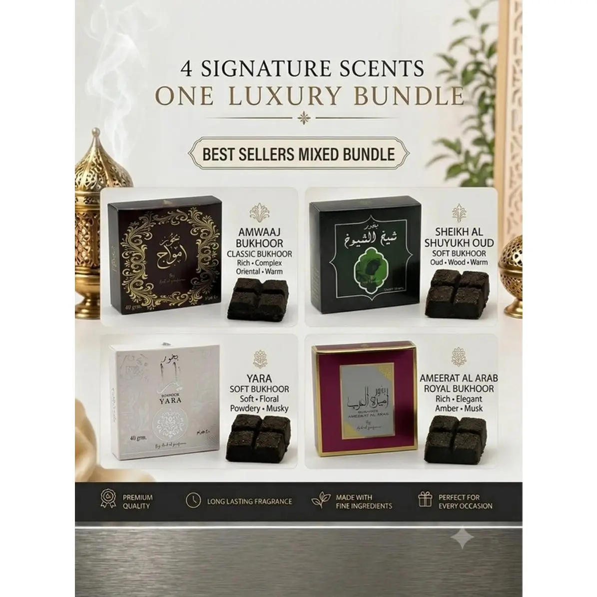 4 Signature Scents One Luxury Bundle Best Sellers Mixed Bundle Amwaj Bukhoor Sheikh Al Shuyukh Oud Yara Ameerat Al Arab Premium Quality Long Lasting Fragrance