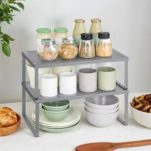 Set of 2 Spice Racks, Cabinet Organizers, Metal Kitchen Counter Shelves, Stackable, Expandable, Silver