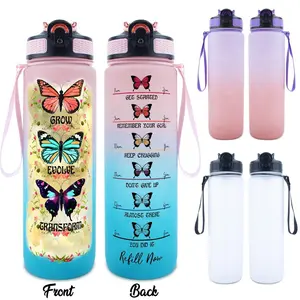 Butterfly Pattern Water Bottle, 1 Count 32oz Sports Water Bottle with Time Marker, Durable Large Capacity Hiking Water Bottle for Daily Use, Drinkware
