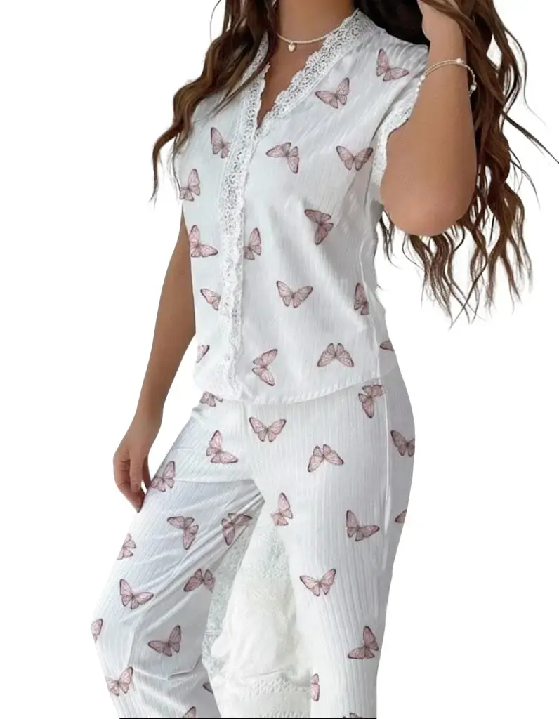 PHEFEE Women's Butterfly Print Pajamas Set - Lace Trim V Neck Short Sleeve Top & Long Pants, Cotton-Like Ribbed Loungewear for All Seasons