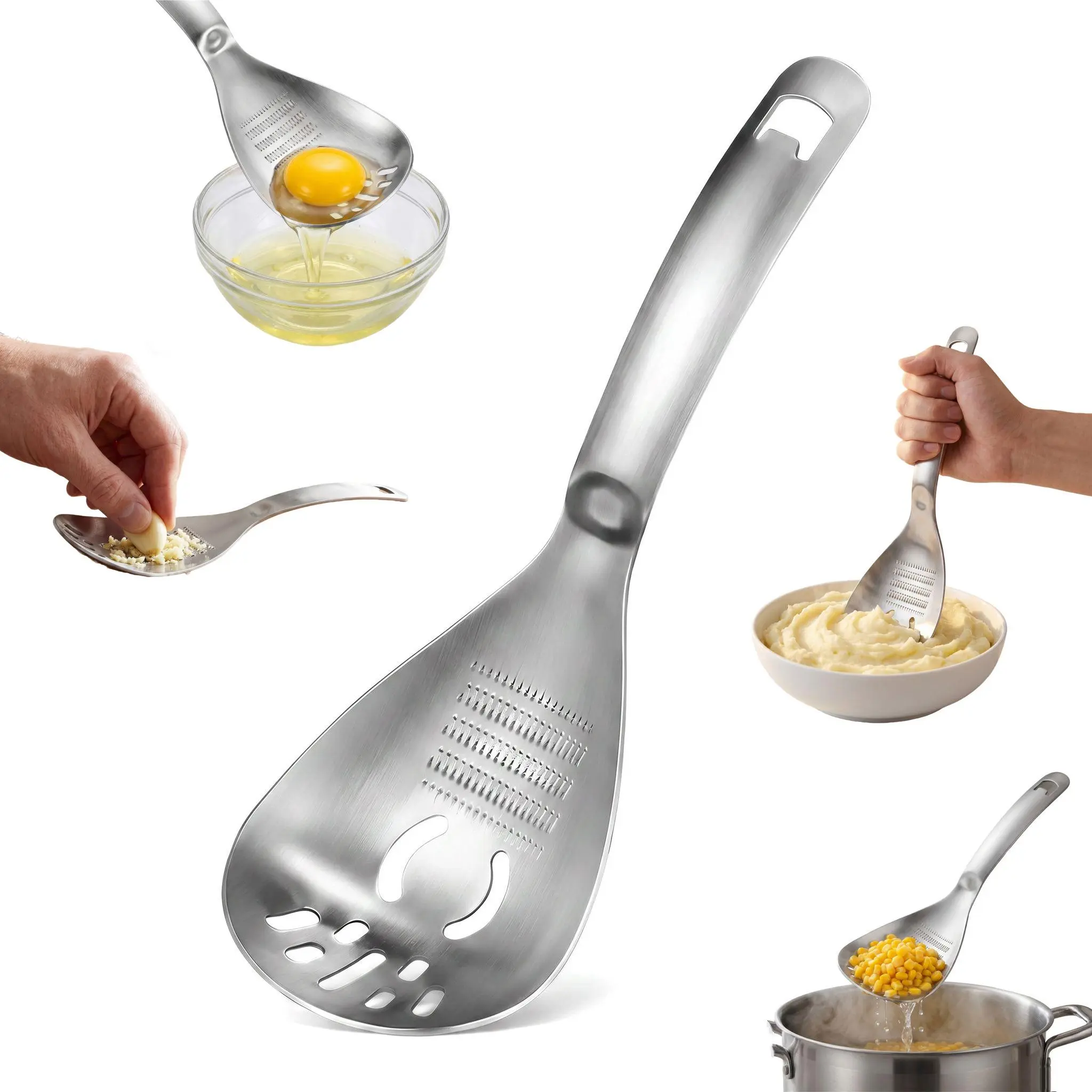Multifunctional 5-in-1 Cooking Spoon, 304 Stainless Steel Kitchen Tool for Potato Masher, Egg Separator, Bottle Opener and Mixing Stirrer