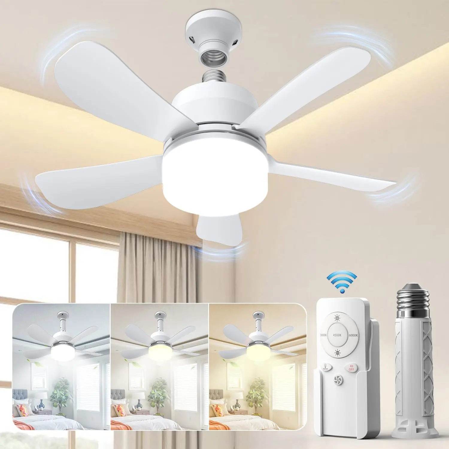 Socket Fan Light with Remote, 16" Ultra-Quiet 5-Blade Small Ceiling Fan with Light, 1000LM 3-Color Dimmable LED, 3 Speeds & 5 Brightness Levels, Screw-in E26 Base for Garage Bedroom Kitchen
