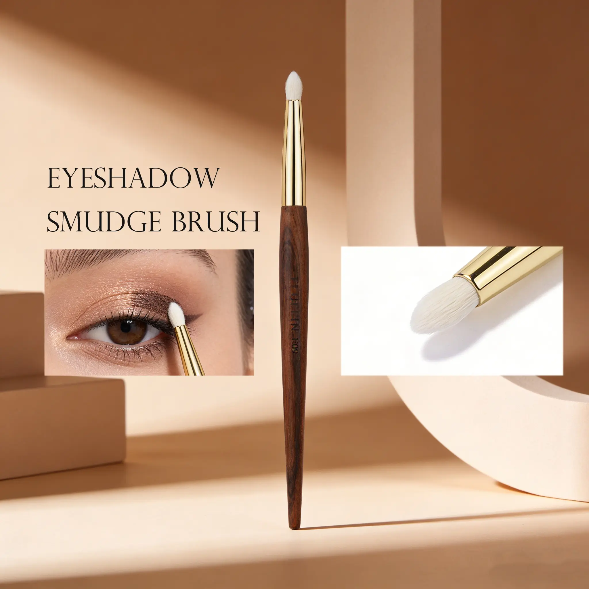 Fluffin E09 Fine Pointed Goat Hair Eyeshadow Smudge Brush, Rosewood Handle, Copper Pipe, Eyeshadow Brushes, Cosmetic Brushes, Makeup Tool for Crease Eyeliner Smudging