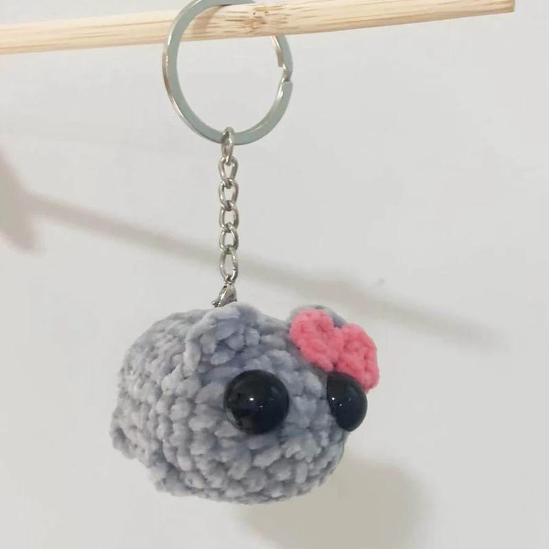 Sad Hamster Meme Keychain , Handmade Crochet Sad Hamster Keychain Knitting Doll With Big Eyes Pink Bow,Unique Gift forKids Adults
