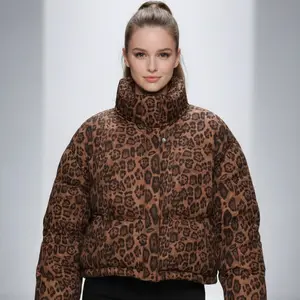 Leopard Print Puffer Jacket Cropped Stand Collar