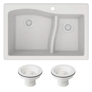 212 MAIN Quarza 33-Inch Dual Mount 60/40 Double Bowl Granite Undermount Kitchen Sink - High-Quality, Easy-Clean, Scratchproof, Includes Strainers, White, Undermount Sink