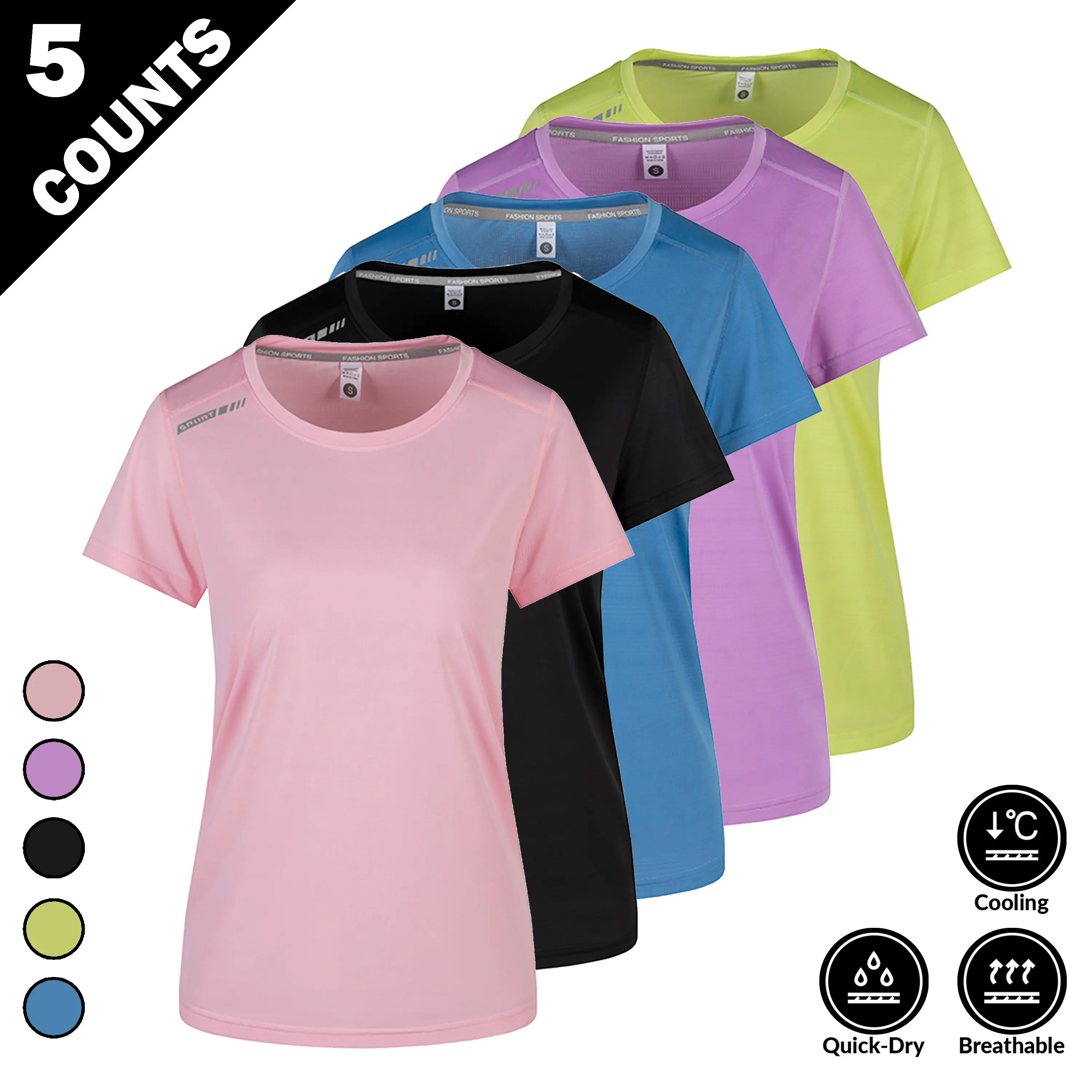Women’s Athletic Tees 5-Pack – Athleisure, Dry-Fit, Sports-Inspired, Sweat-Resistant, Cooling, Stretch Performance Tops with Lightweight Breathable Fabric for Workouts, Yoga, Athleisure Women's T-Shirts, Dry-Fit Women's T-Shirts