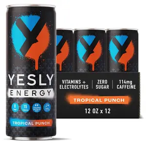 Yesly Energy Drink - Tropical Punch - Naturally Flavored Sparkling Energy Drink With Electrolytes, Magnesium, Potassium, Vitamin C, B6 & B12, Natural Caffeine From Green Tea - 12 Fl Oz Cans - 12 Pack