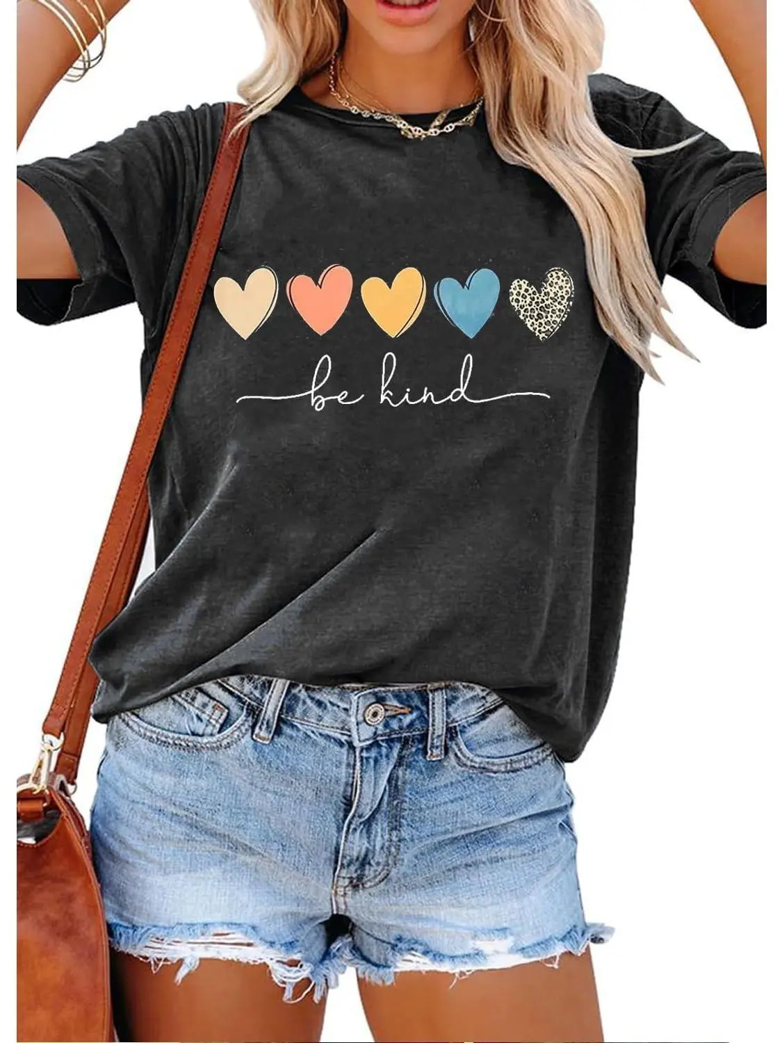 100% Cotton Women Crew Neck Tee, Be Kind Pastel Leopard Heart Graphic Loose Casual Top, Boho Positive Inspirational Summer Tee, Multiple Cute Prints Available, Non-Washed Fabric
