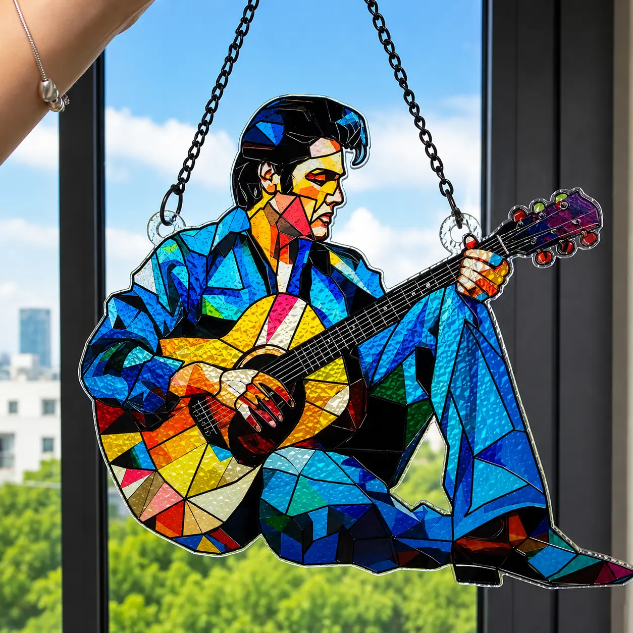 (Made To Order) Elvis Presley Stained Glass Suncatcher, Rock and Roll Window Decor, Music Lover Gift, Iconic Vintage Artwork Ornament