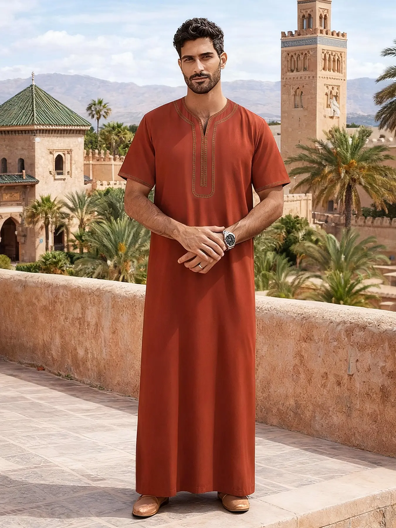 Muslim Men Moroccan Style Long Robe Islamic Traditional Collared Style Thobe Jubbah, Gold Embroidered Collar, Loose-Fitting Casual Wear, All Seasons Fashion