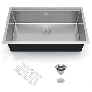 Garvee 30x19 Inch Undermount Kitchen Sink with Drainboard, Single Bowl 16 Gauge 304 Stainless Steel, 10 Inch Deep, Includes Bottom Grid & Drain Assembly