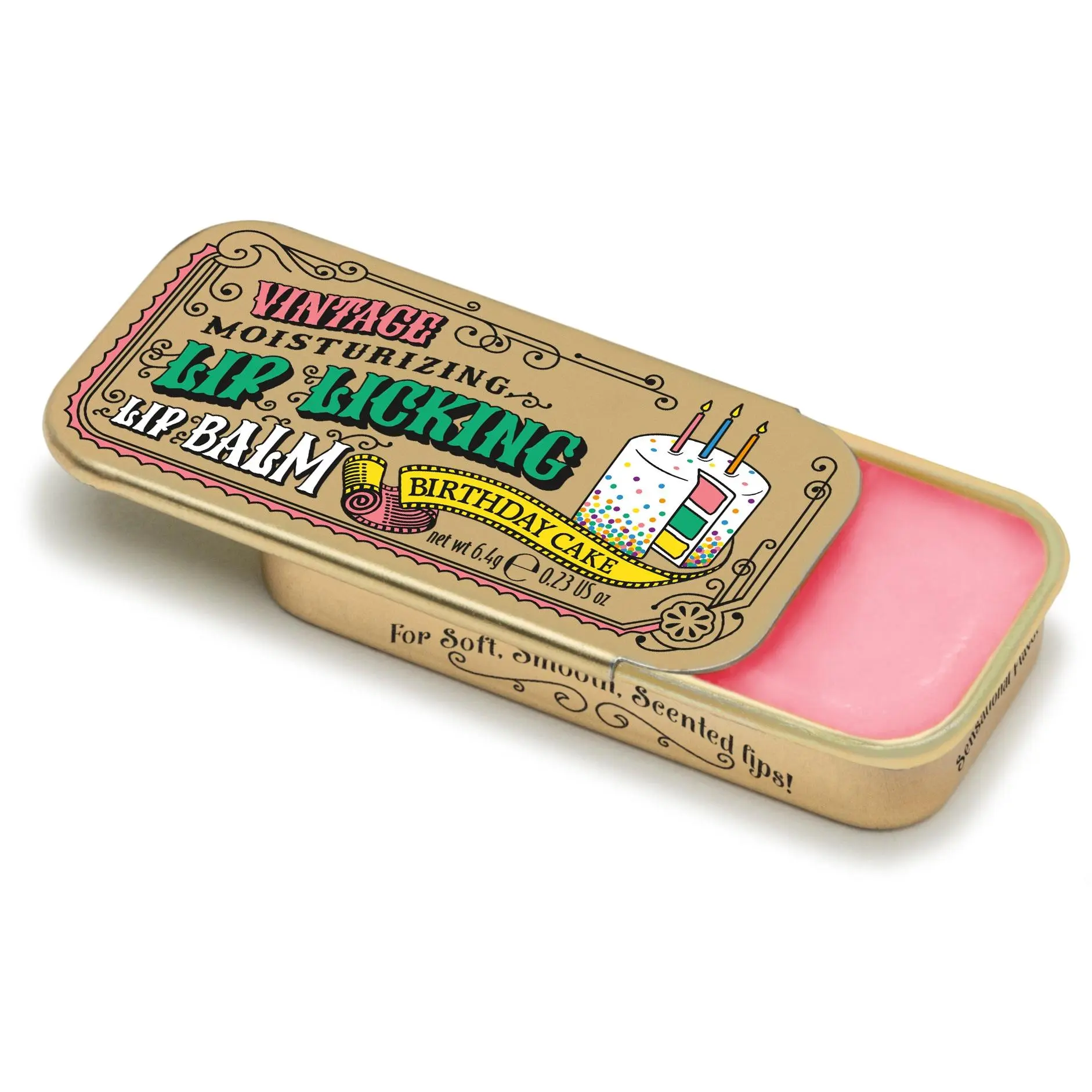 Tinte Cosmetics Birthday Cake Scented Glossy Balm, Moisturizing Lip Care with Shea Butter for Smooth, Softening Lips, Enriched Formula in a Vintage Tin, Moisturizing Lip Balms