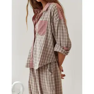 Women’s plaid pajama set featuring a long-sleeved top and pants; a casual retro country-style pajama set suitable for autumn and winter at home; includes a casual pajama, a long-sleeve pajama, a lapel pajama, and an inside-out shirt design.