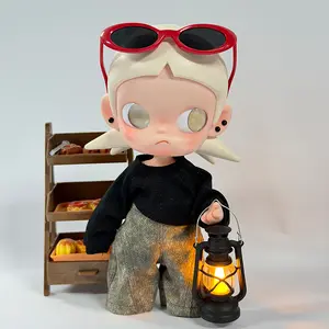 Fits SP/Bubble Mart, etc.; 20 cm trendy toys | Cool black knit top + gray curved knife pants set — doll outfit, cool street‑style interchangeable outfits