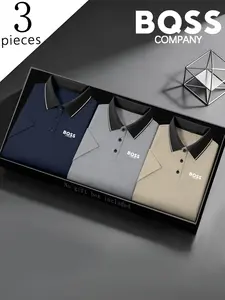 Men's Quick-Dry Polo Shirt Set, Classic Bqss Logo Print, Breathable Comfort, Casual Fashion Lightweight, High-Quality Stretch Fabric