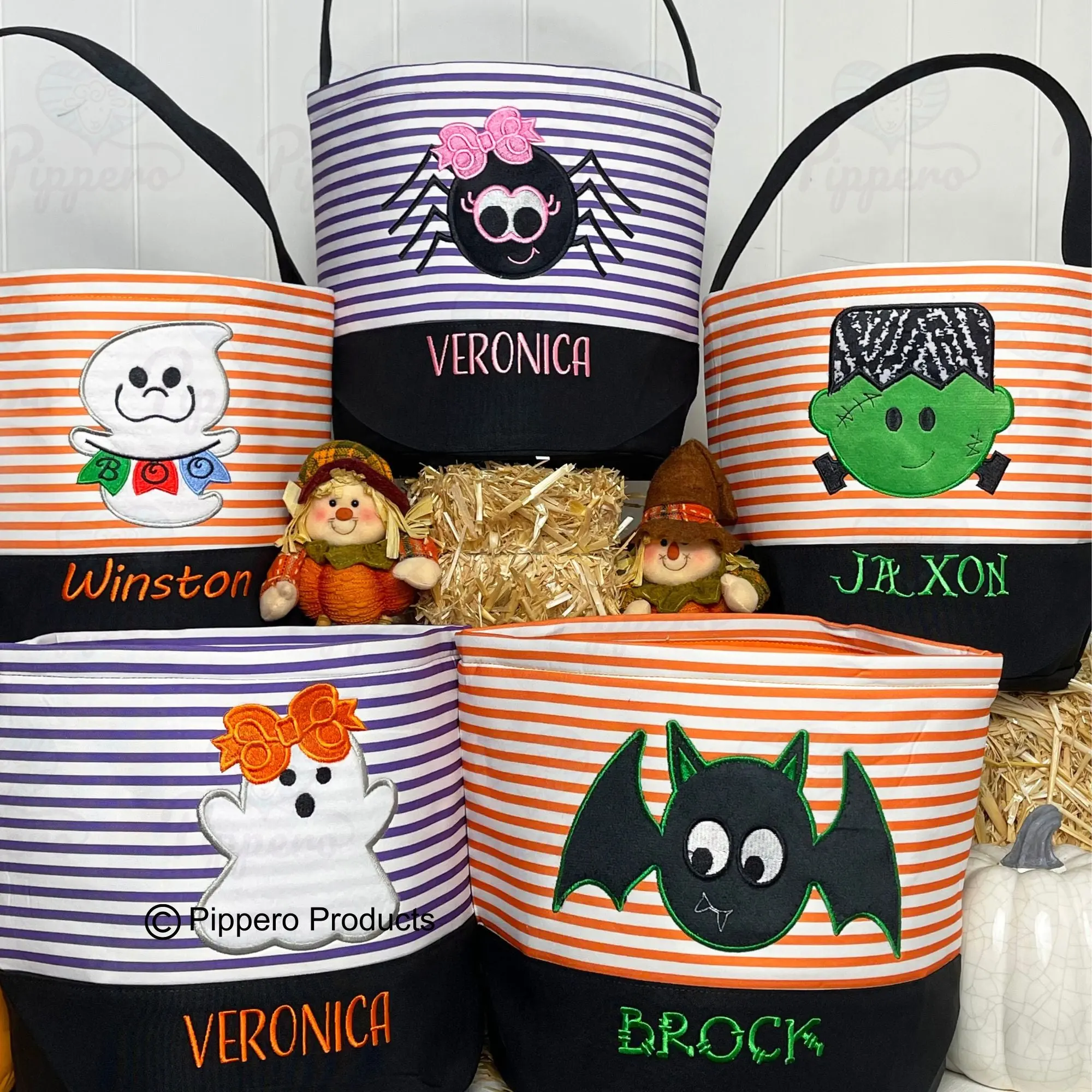 Personalized Embroidered Halloween Treat Basket with Striped Character Designs