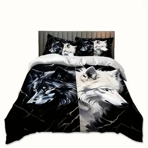 3-Piece Black and White Quilt Set, Wolf Pattern, Winter, New Year, Valentine's Day Comfortable Bedding Set, Suitable for All Seasons, Zipper Closure, Suitable for Hotel, Bedroom, Guest Room, and Dormitory Bedding (1 Quilt Set + 2 Pillowcases, Filling Not