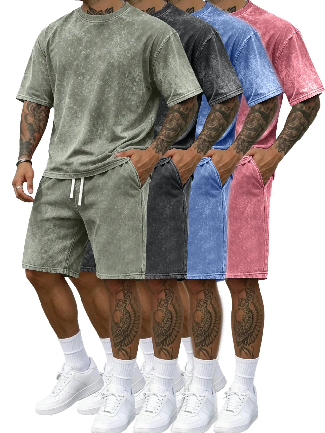 Men’s two-piece casual athletic summer cotton clothing set: a prewashed crewneck short-sleeve knit T-shirt and over-the-knee shorts; available as a 2-piece or 4-piece set; retro 2000s style; suitable for golf.