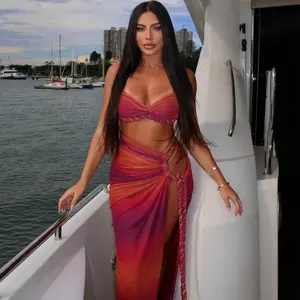2025 Summer New Beach Vacation Sexy Crop Top Fashion Tie Waist Skirt Two-Piece Set Clothes Womenswear Polyester Spandex swimsuit women Gamis Basic