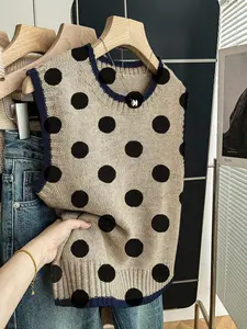 Women's Casual Loose-Fitting Round Neck Sleeveless Knit Top, Colorblock Deep Blue Edge Polka Dot, Spring Summer Fall Outerwear