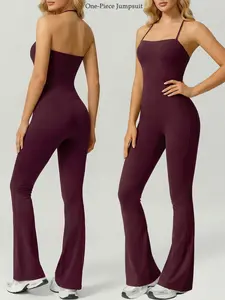 Women's All-Season One-Piece Loungewear, Lounge Jumpsuit, Sleeveless Bodysuit Adjustable Spaghetti Straps Bodycon Flared Pants High-Stretch Open Back Yoga Outfit Ideal for Vacation Travel Wear Layering Basic Solid Color Casual Slim Fit Sexy Sleepwear