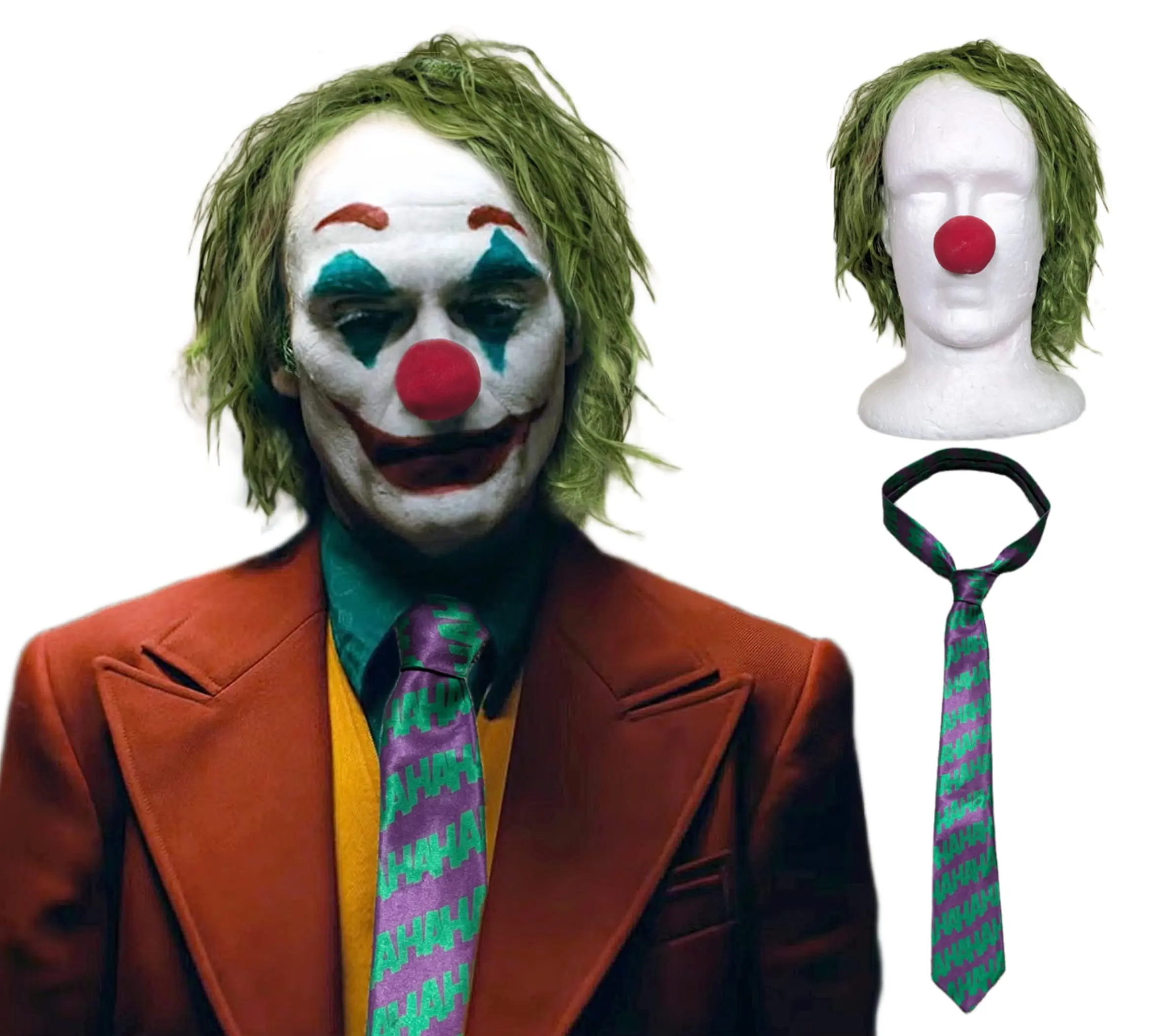 Men's Menswear Joker Clown Full Set Costume Kit - Vibrant Green Wig, Print HaHa Tie, Red Clown Nose for Halloween, Cosplay