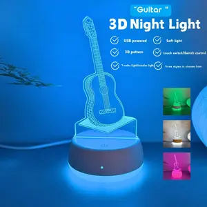 3D Dreamy Guitar Night Light, 3 Color & 7 Color Music Instrument LED Lamp, Dimmable Tabletop Decoration for Bedroom, Christmas Gift