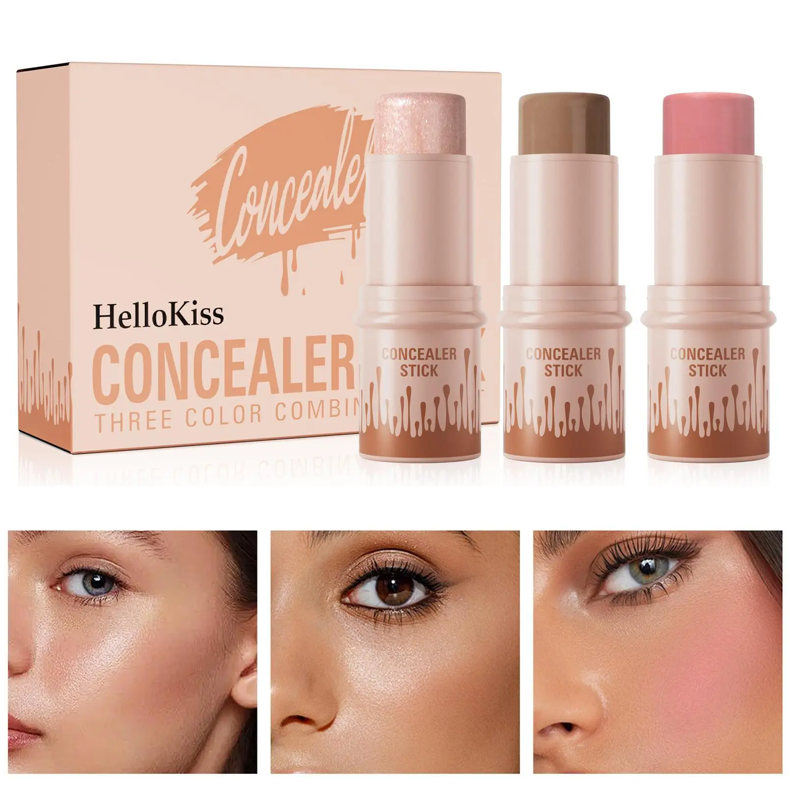 3-Pack Makeup Stick Set – Highlighter, Contour & Glow Trio with Long-Wear Shine Water Resistant Concealer Pen, Shimmer Crayon for Natural Look, Youthful Face Sculpting, Highlight Blush