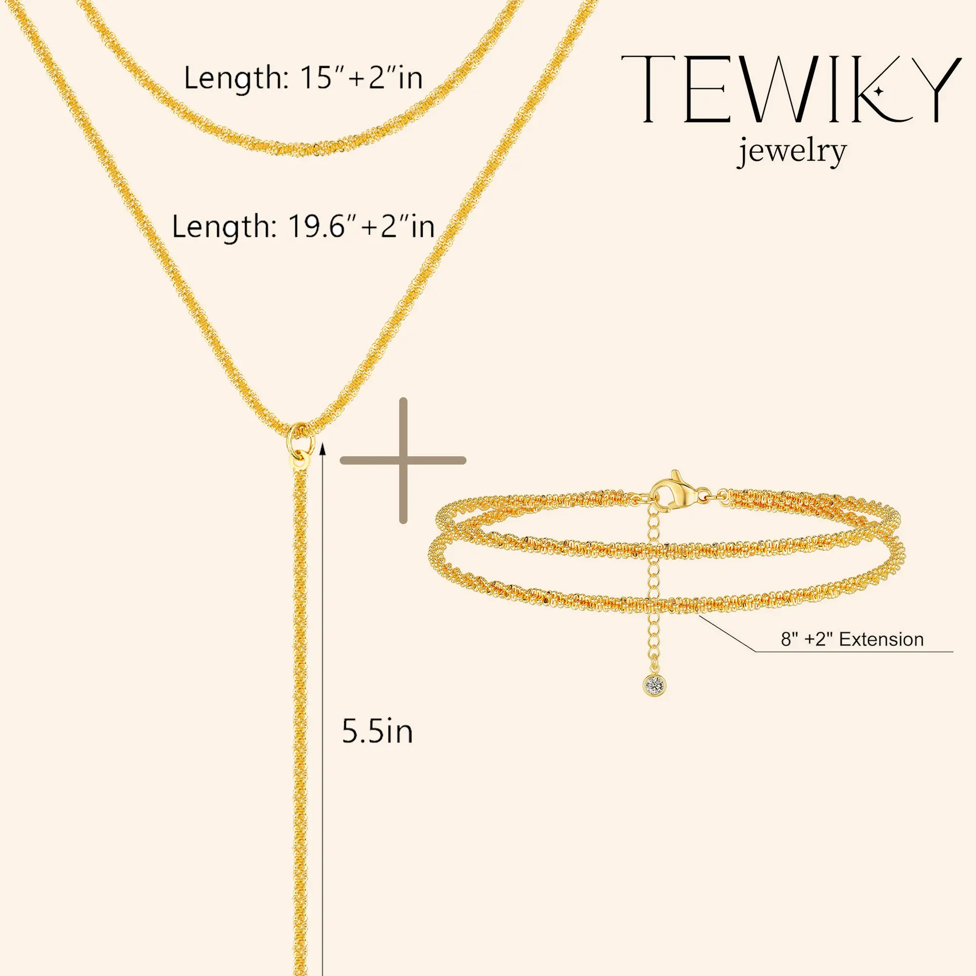 TEWIKY Female Gold-Plated Waterproof Jewelry Set - Dainty Geometric Layered Stackable Chain Anklet & Necklace, Adjustable, Gift-Ready for Everyday & Casual Beach Wear