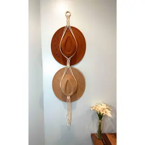 2-Tier Handmade Macramé Rope Hat Organizer, Hangable Home Decor Hook and Shelf for Hat Storage, Decoration for Room Decorations