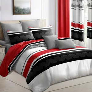 Red Black Stripes 9-Piece Bedspread Quilt Set – 2-in-1 Quilt/Bedspread. Includes 2 print + 4 solid curtains + 2 pillowcases. Silky microfiber, soft, machine washable. Queen/King/Cal King