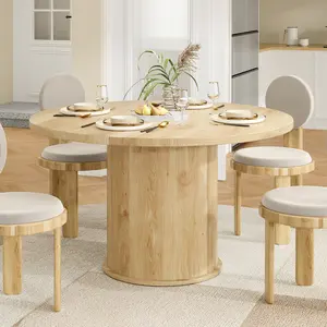 43" Round Dining Table for 4, Modern Kitchen Table with Wood Top & Sturdy Metal Pedestal, Space-Saving Dining Table for Small Apartment, Natural Wood mesa para comedor