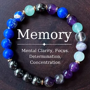 Handmade Memory Bracelet with Lapis Lazuli and Lithium Mica - 8mm Beads, Clarity and Focus Design, Stone Jewelry for Adults and Teens