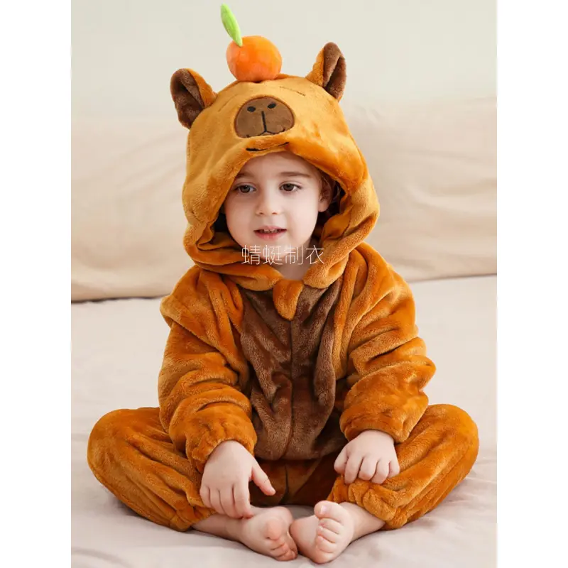 Kids' Capybara Flannel Pajama Set, Hooded Animal Onesie for Babies & Toddlers, Long Sleeve Zip Winter Sleepwear