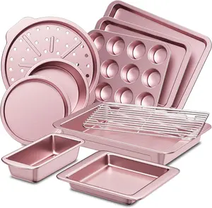 10pc Bakeware Sets, Teflon-free Cookware Set, Non-Stick, Baking Pan Set, Cookie Sheets, Girly Kitchenware,Baker, Pink Kitchen Stuff Modern Cake Handles