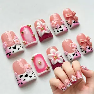 Nails Short Duck Handmade 3D Unique Reusable ABS Material Fake Nails Pink French Tip False Nails with Designs Bow Flower Cow Print Glossy Glue(M)