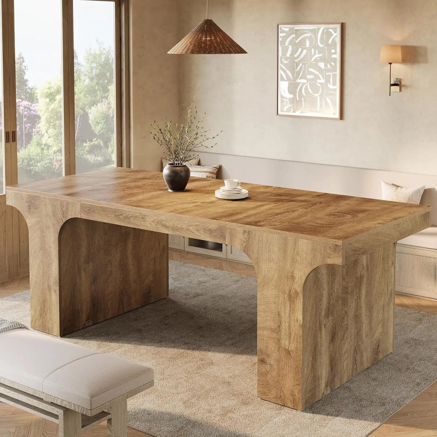 LITTLE TREE 71-Inch Large Dining Table for 6-8, Farmhouse Wooden Kitchen Table with Arched Design, Rectangular Dining Furniture with Double Pedestal for Dinner, Banquet