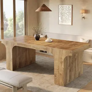 LITTLE TREE 71-Inch Large Dining Table for 6-8, Farmhouse Wooden Kitchen Table with Arched Design, Rectangular Dining Furniture with Double Pedestal for Dinner, Banquet