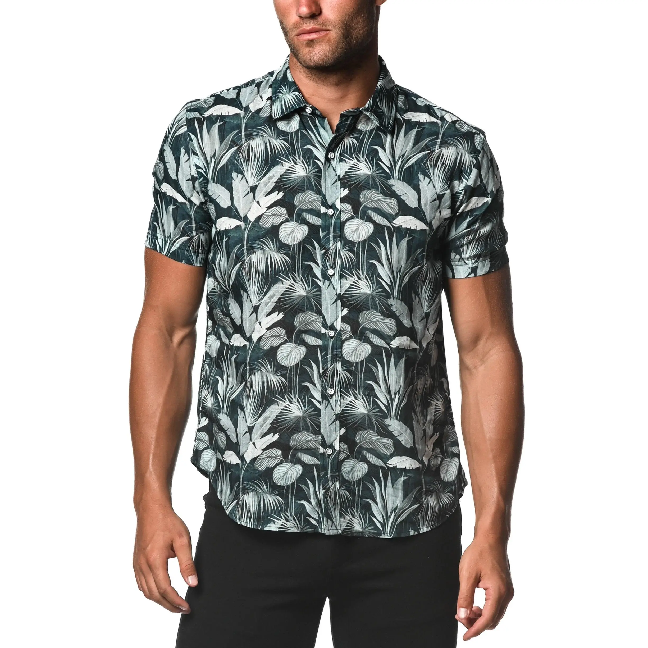 DEEP TEAL FOLIAGE TENCEL/LINEN SHORT SLEEVE WOVEN SHIRT PM-45016