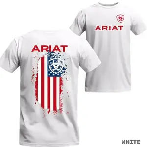 Ariat White T-Shirt American Flag Graphic with Bold Logo on Maroon Unisex Relaxed Fit Short Sleeve Machine Washable Western Cowboy Gift Menswear Streetwear Vacation Outfits