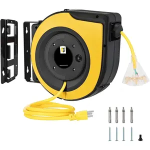 Retractable Extension Cord Reel,75  14 AWG/3C SJTOW Heavy Duty Power Cord,10 AMP Circuit Breaker, 3-Lighted Triple Outlets,Ceiling or Wall Mount Use Indoor, Yellow