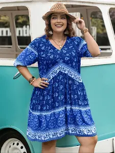 Brand Original Design Boho Chic Style Women's Casual Loose-Fitting Printed V-Neck Dress, Holiday Short Skirt, Ditsy Floral Pattern, Moderate Fabric Thickness