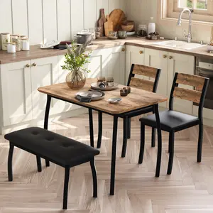 Space-Saving Modern Farmhouse Dining Set for 4, Rectangular Table with Upholstered Bench & 2 Chairs, Compact Dining Furniture for Small Apartment Studio Kitchen Corner, Gray